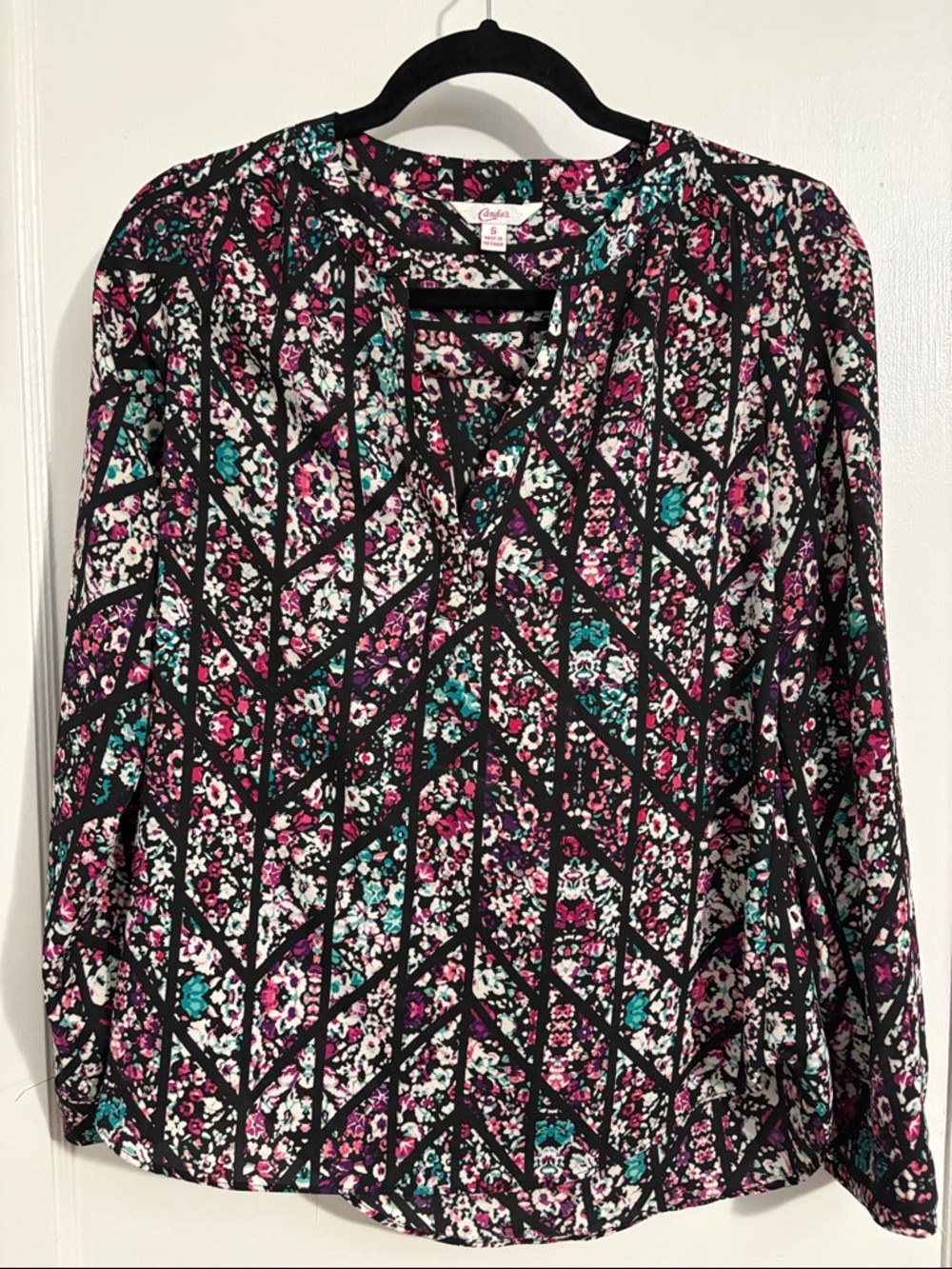 Candie's Black Floral Long-Sleeve V-Neck Blouse with Pink & Teal Accents
